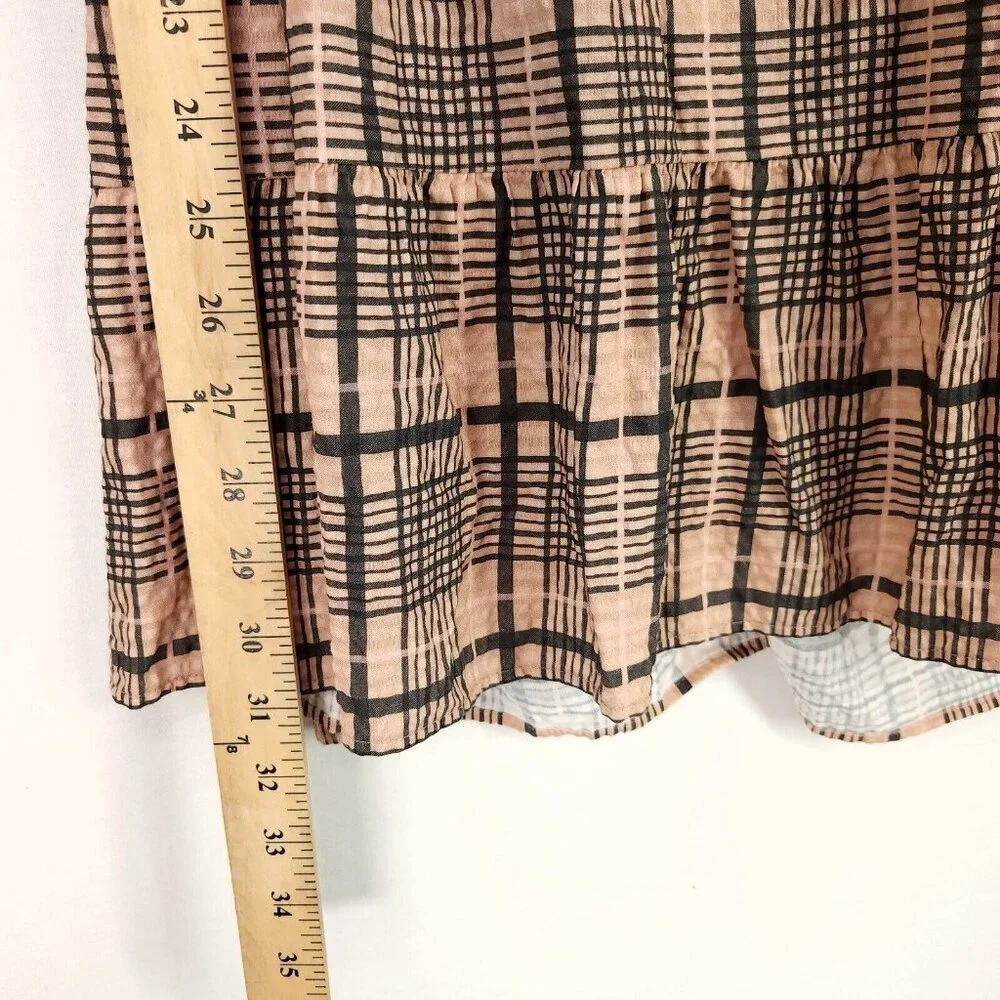 Topshop Babydoll Mini Dress Balloon Long Sleeve Size 4 Boho Gingham Brown - Picture 11 of 15